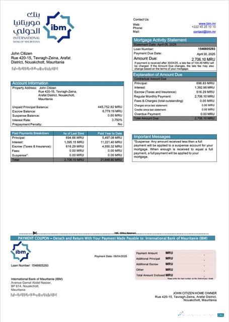 Mauritania International Bank of Mauritanie (IBM) mortgage statement Word and PDF template